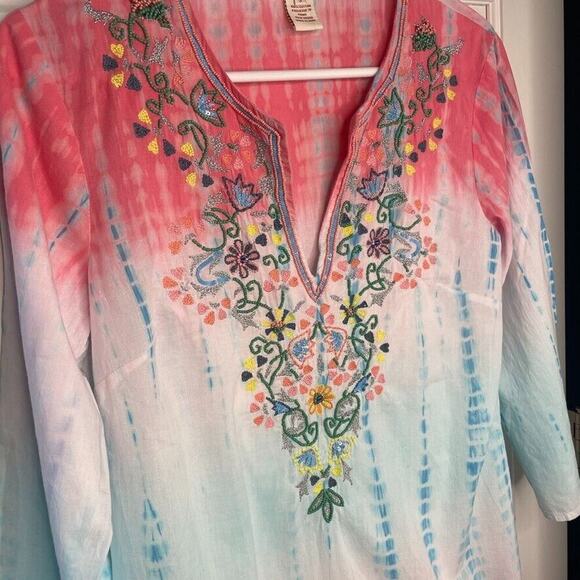 Sundance Women's Embroidered Beaded Tunic Swim Coverup SZ S Tie Dye Ombre Sequin - Picture 3 of 15